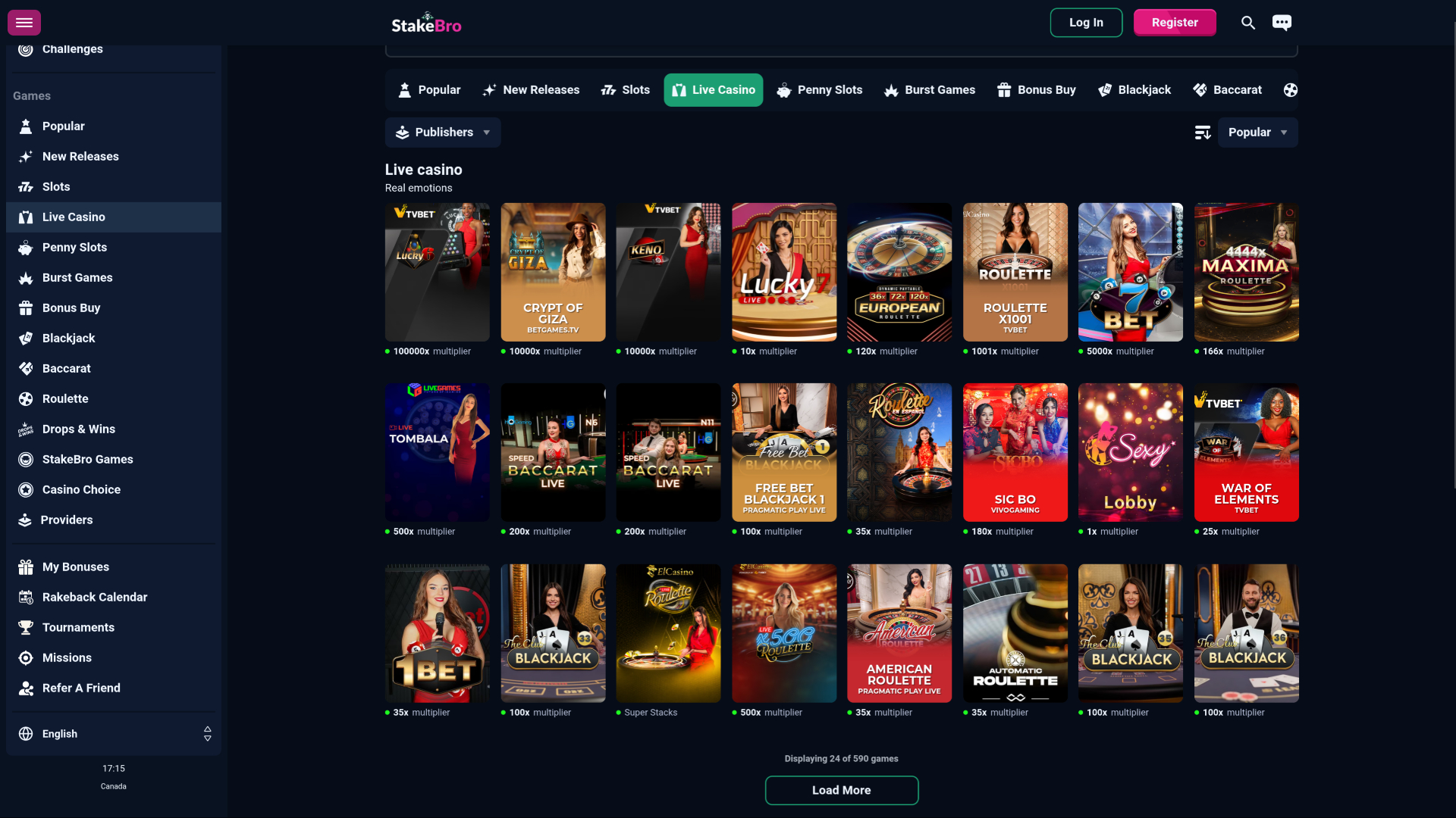 Casino Stakebro pour ordinateur avec croupier en direct