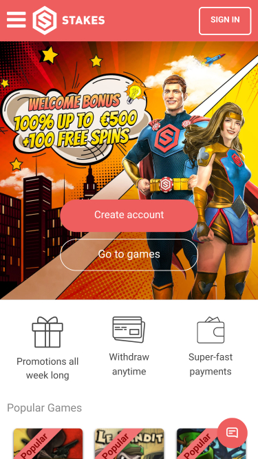 Stakes Casino Mobile Homepage