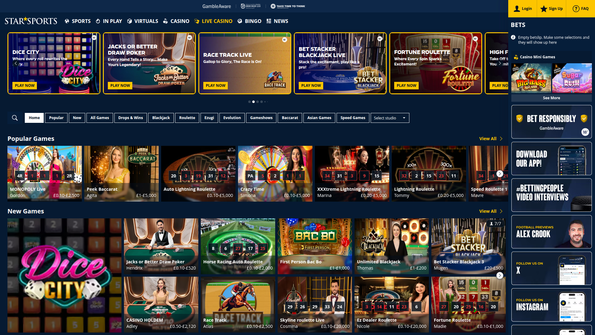 Croupier en direct de bureau de StarSports Casino