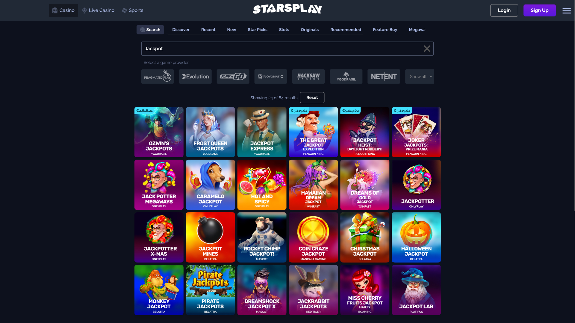 StarsPlay Casino Desktop Jackpot