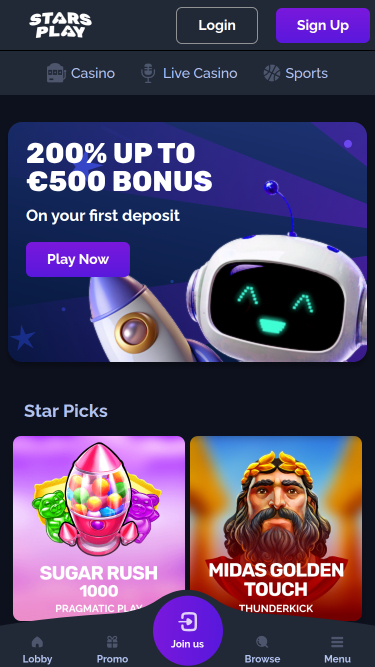 Page d'accueil du casino StarsPlay