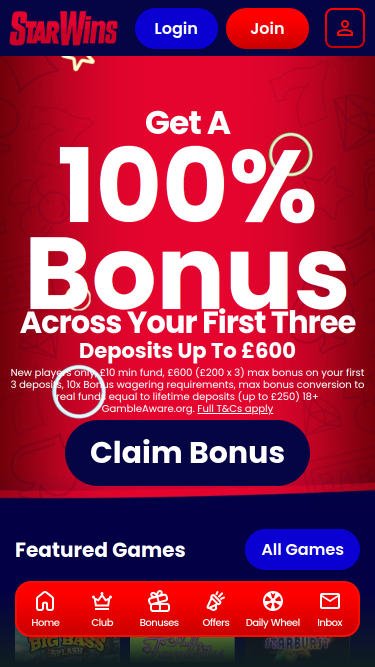 Pagina iniziale mobile di Starwins Casino