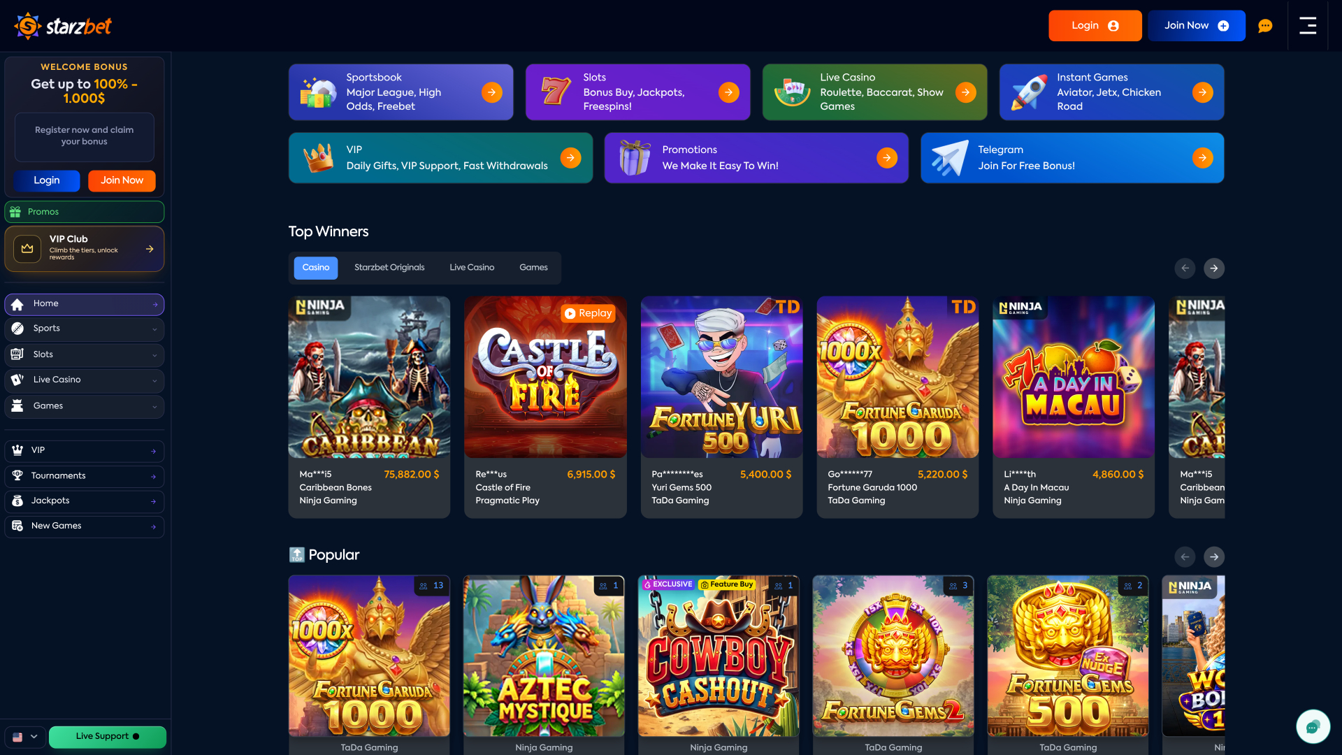 Pagina iniziale desktop di Starzbet Casino