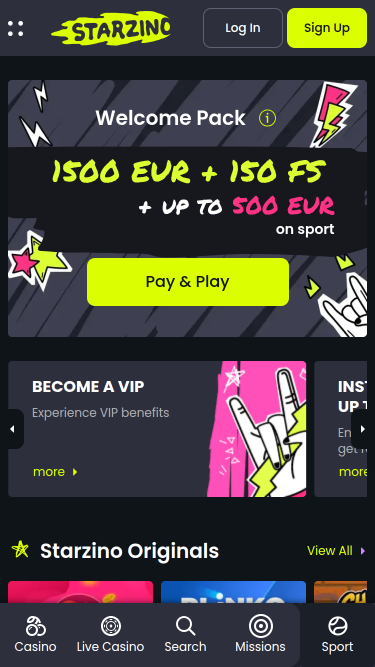 Starzino Casino Mobile Homepage