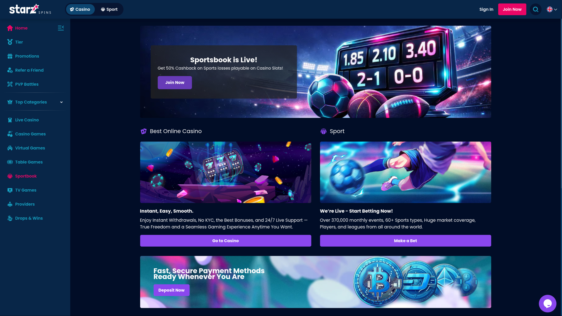 Screenshot der Startseite von StarzSpins Casino für Desktop