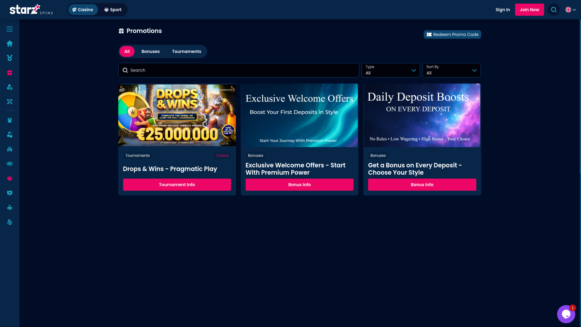 Screenshot der Werbeaktionen im StarzSpins Casino für Desktop