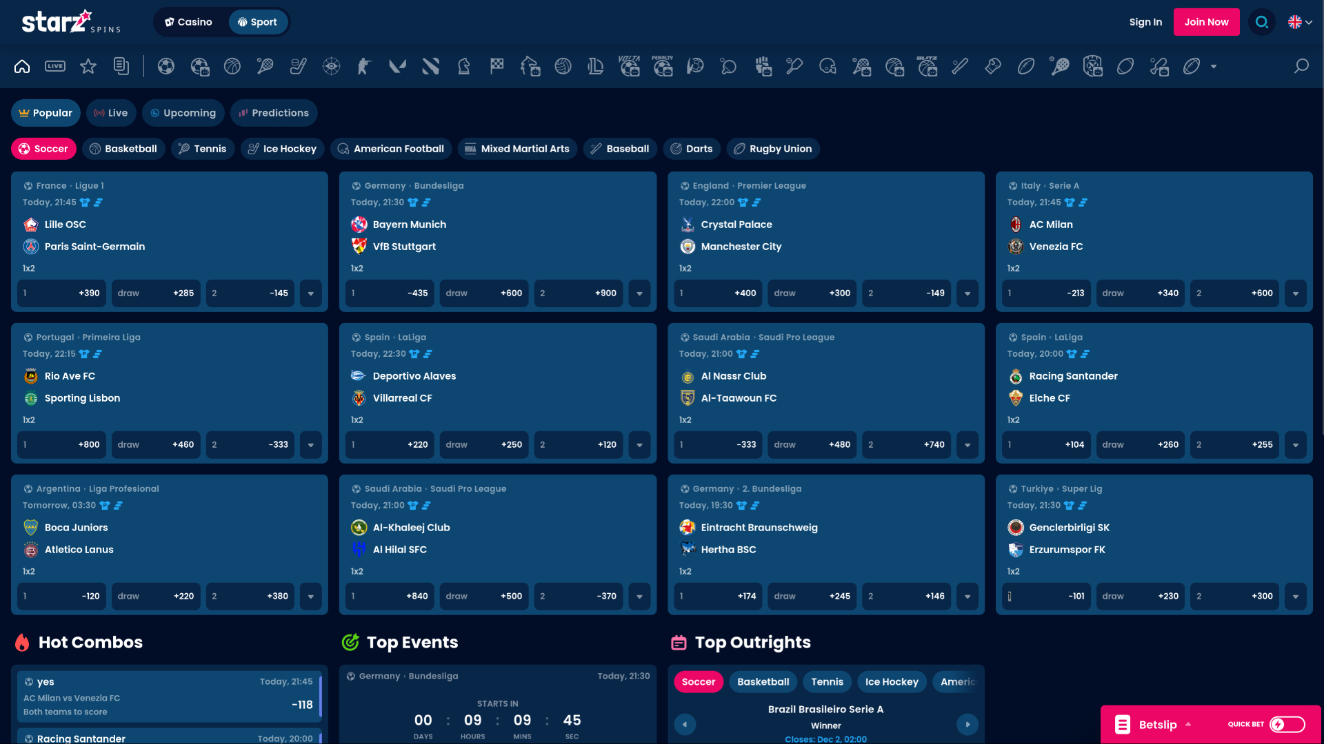 StarzSpins Casino Desktop Sportwetten