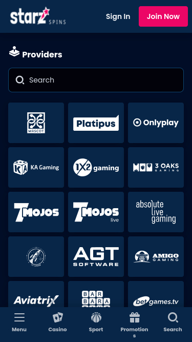 StarzSpins Casino Mobile Game Developers