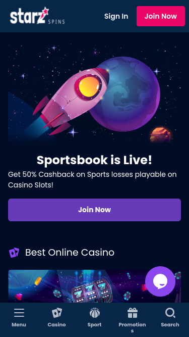 Screenshot der Startseite von StarzSpins Casino für Mobilgeräte