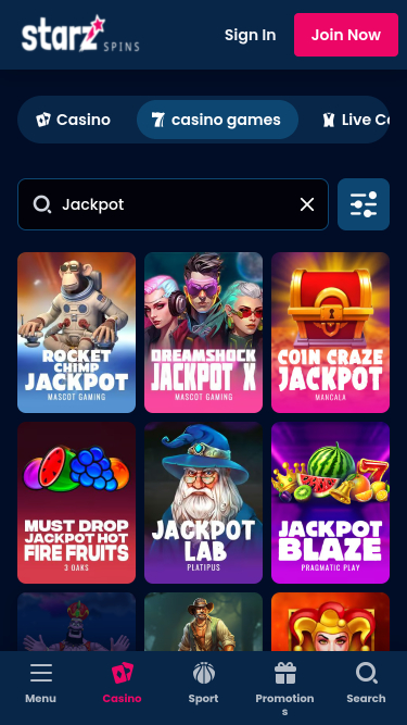 StarzSpins Casino Mobile Jackpot
