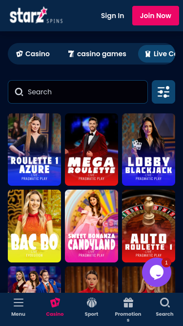 Screenshot des Live-Dealers im StarzSpins Casino für Mobilgeräte