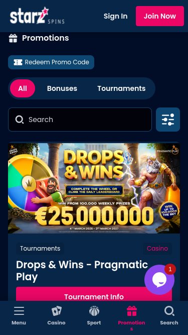Screenshot der Werbeaktionen von StarzSpins Casino für Mobilgeräte