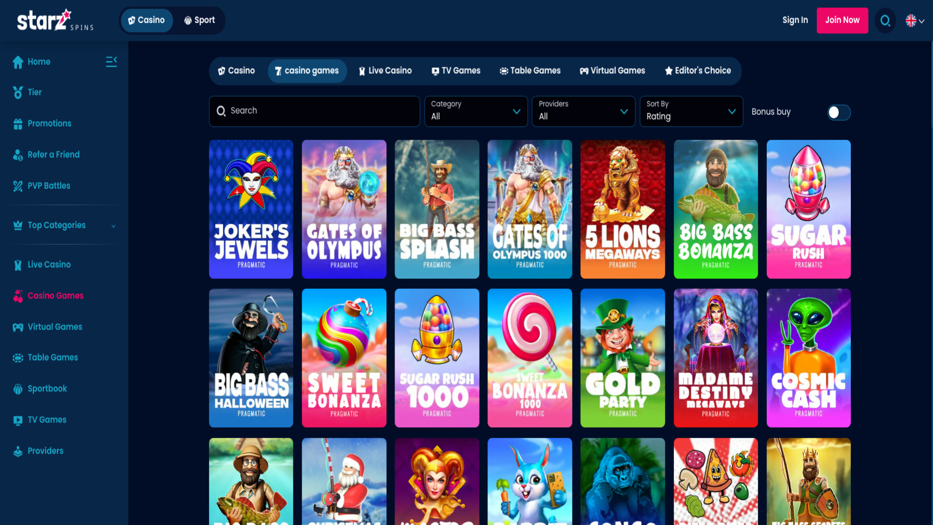 Games screenshot of StarzSpins Casino for Desktop