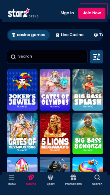Games screenshot of StarzSpins Casino for Mobile