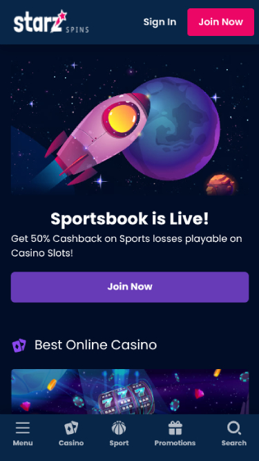 Homepage screenshot of StarzSpins Casino for Mobile