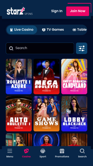 Live Dealer screenshot of StarzSpins Casino for Mobile