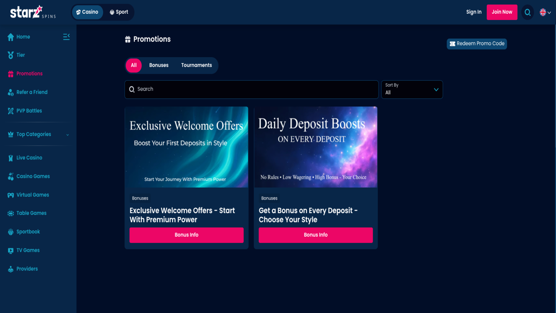 Promotions screenshot of StarzSpins Casino for Desktop