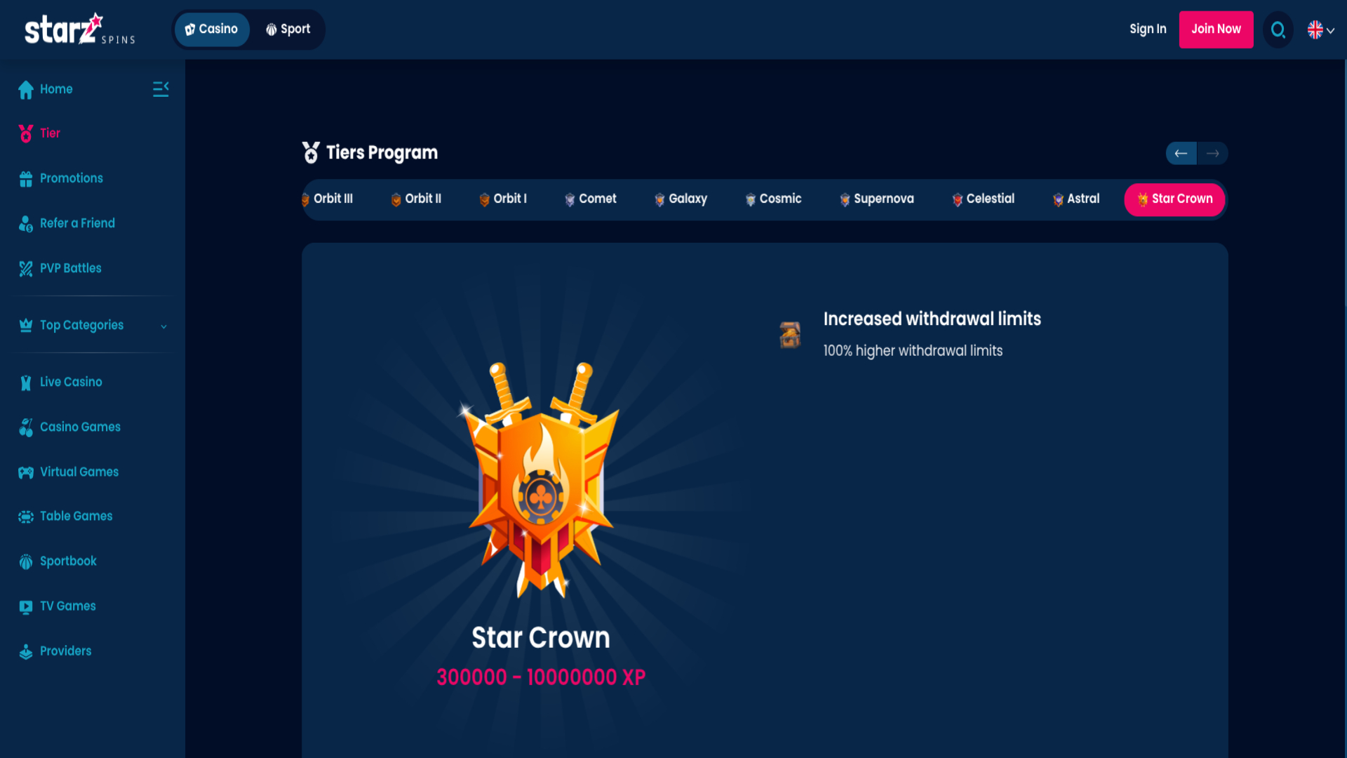 VIP screenshot of StarzSpins Casino for Desktop