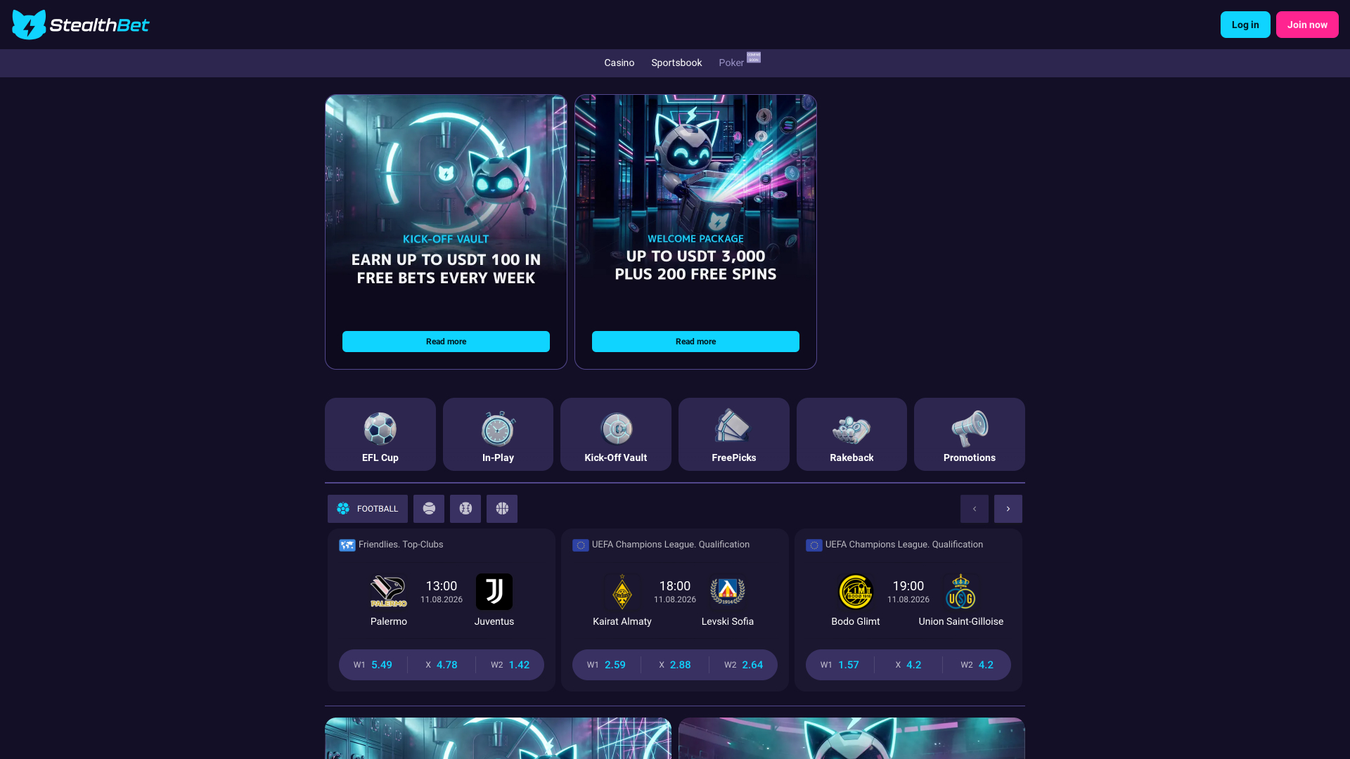 Screenshot della homepage di StealthBet Casino