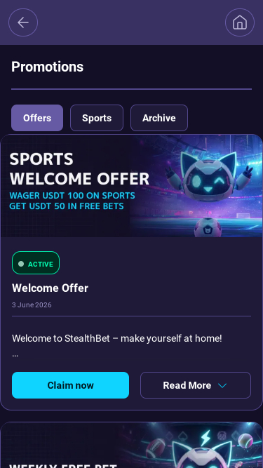 Screenshot mobile delle promozioni di StealthBet Casino