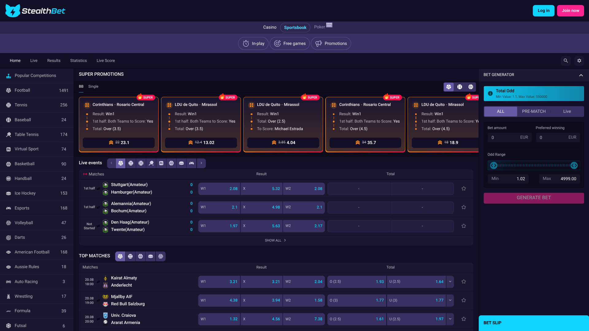 Screenshot sportivo di StealthBet Casino