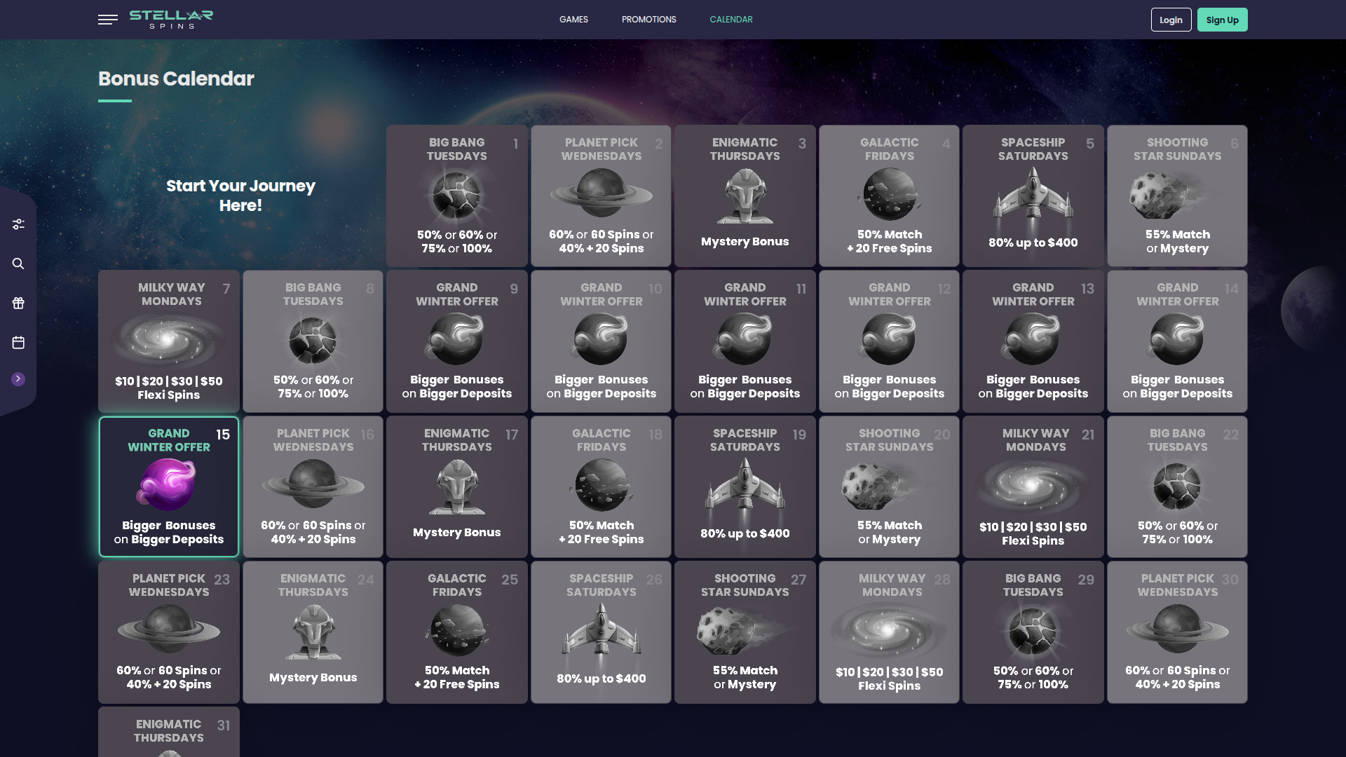 Calendario bonus desktop di Stellar Spins