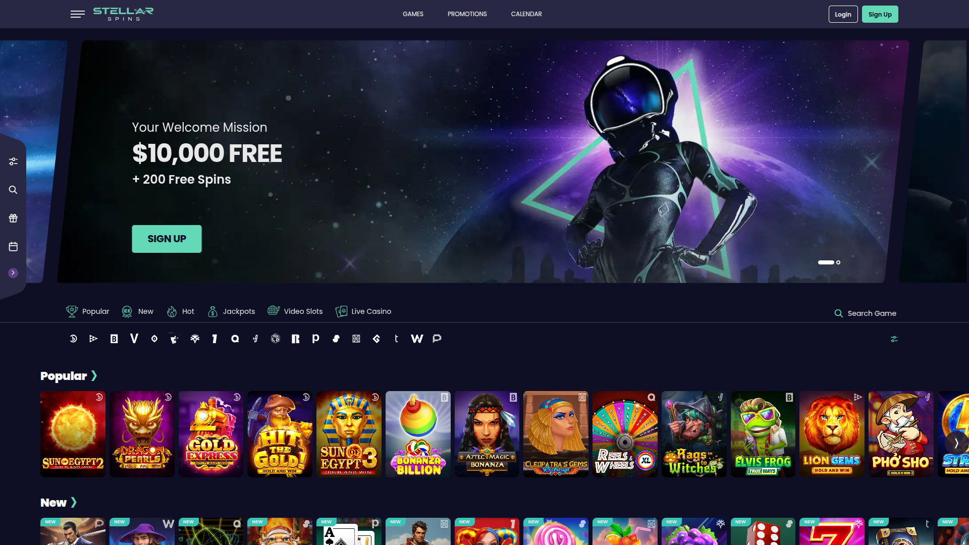 Homepage desktop di Stellar Spins