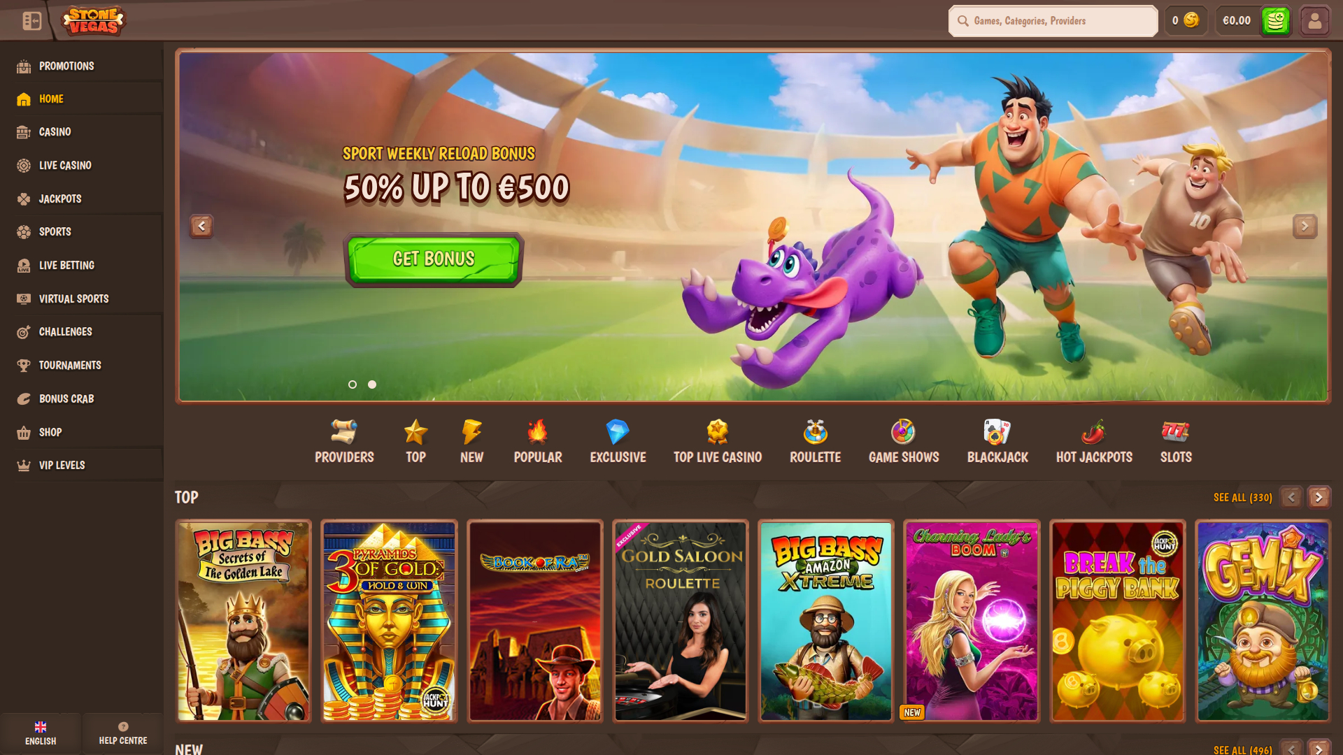 Desktop-Startseite von Stone Vegas Casino