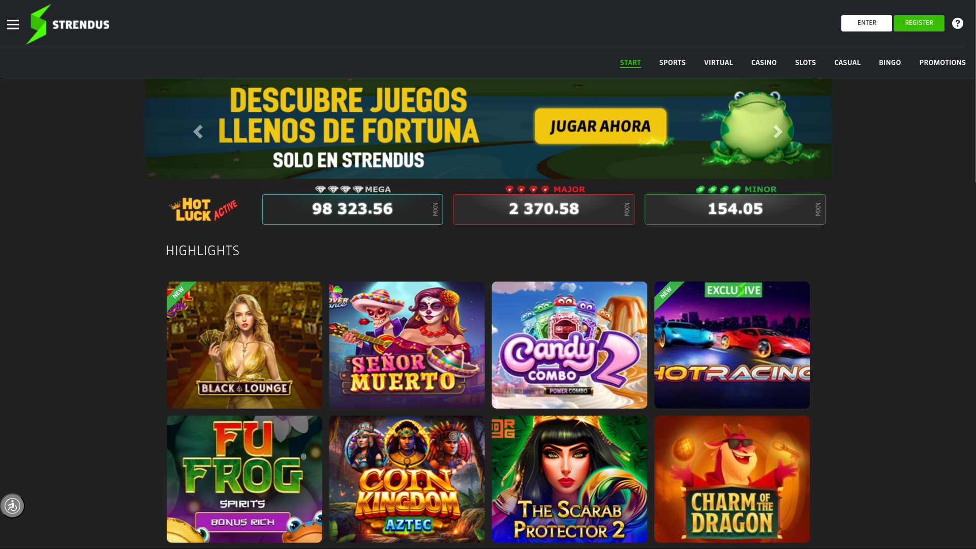 Page d'accueil du casino Strendus pour ordinateur