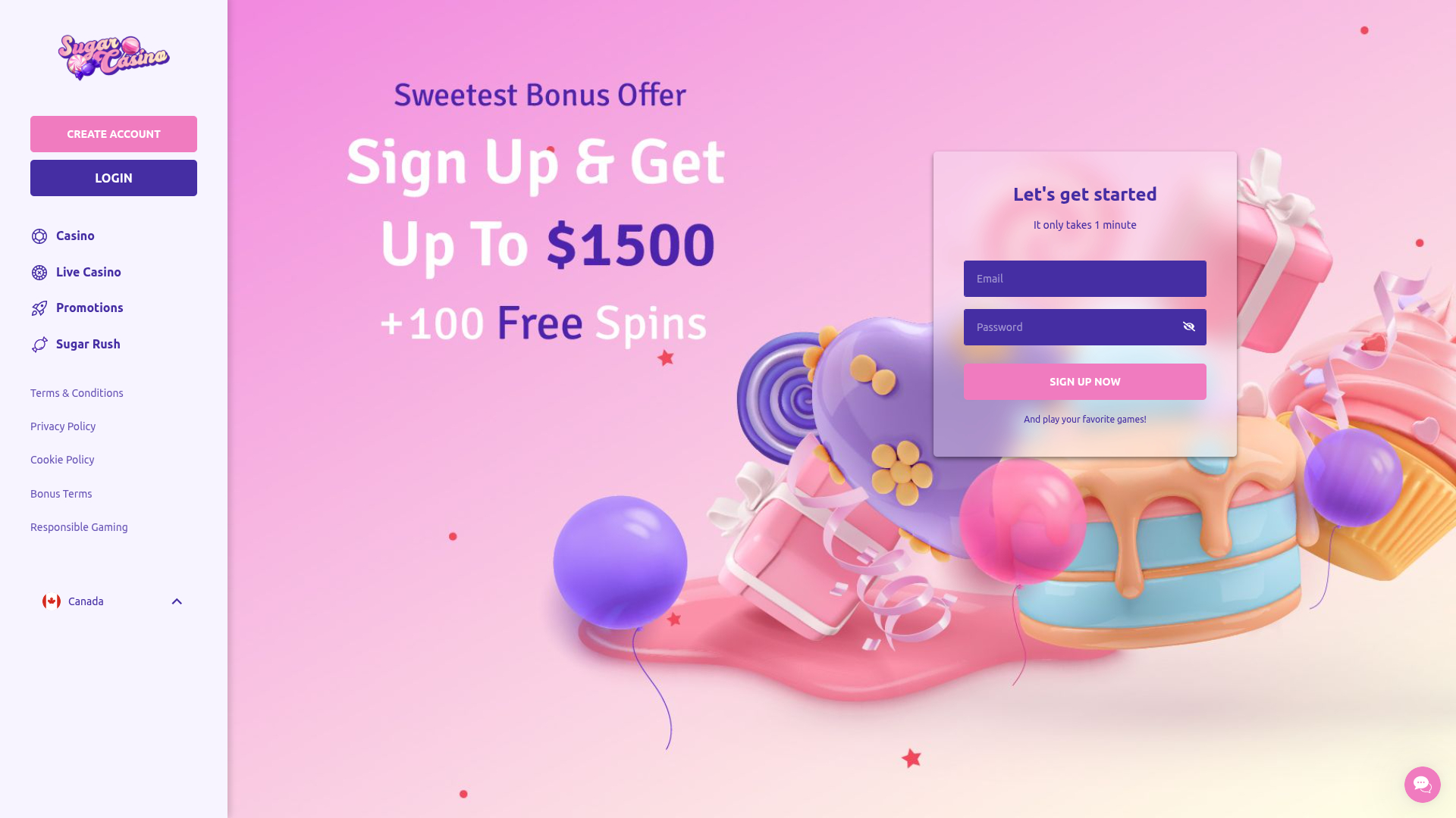 Página de inicio de escritorio de Sugar Casino