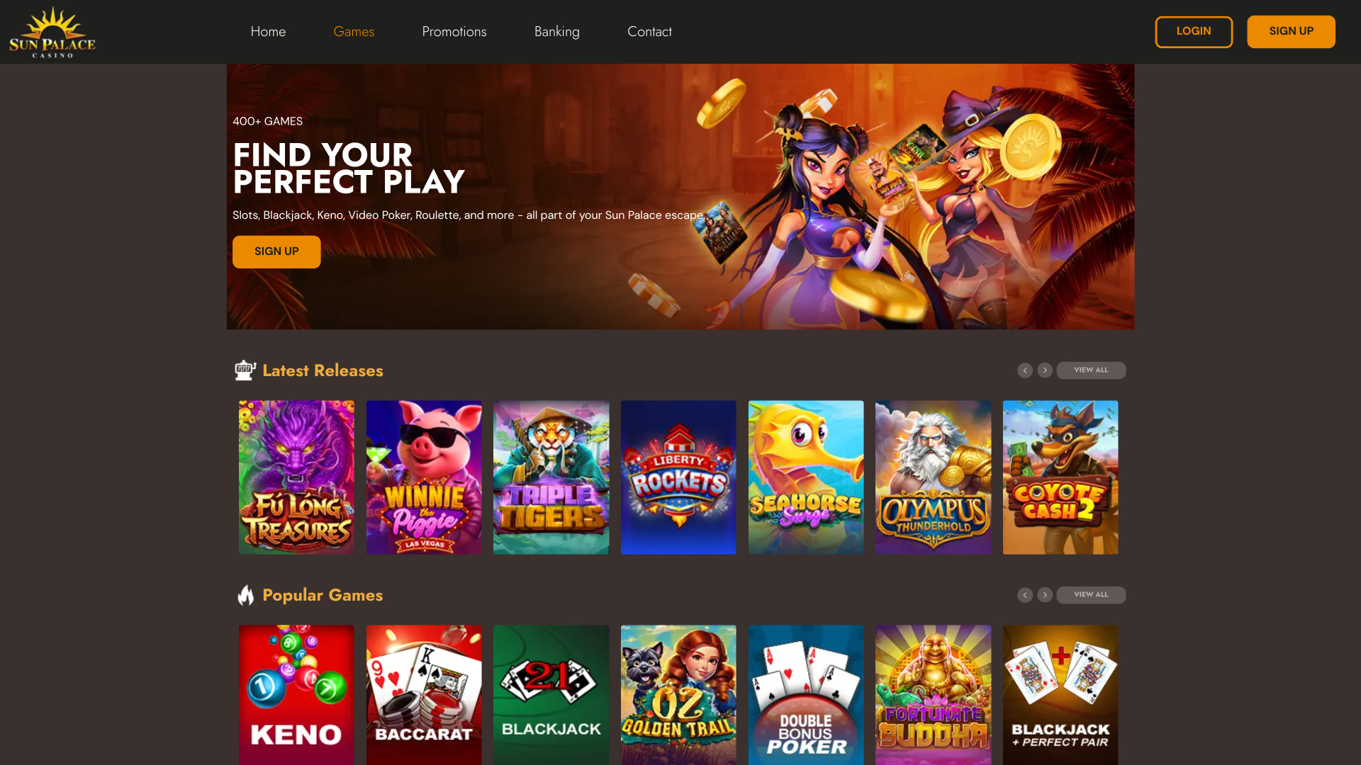 Page d'accueil du casino Sun Palace version ordinateur