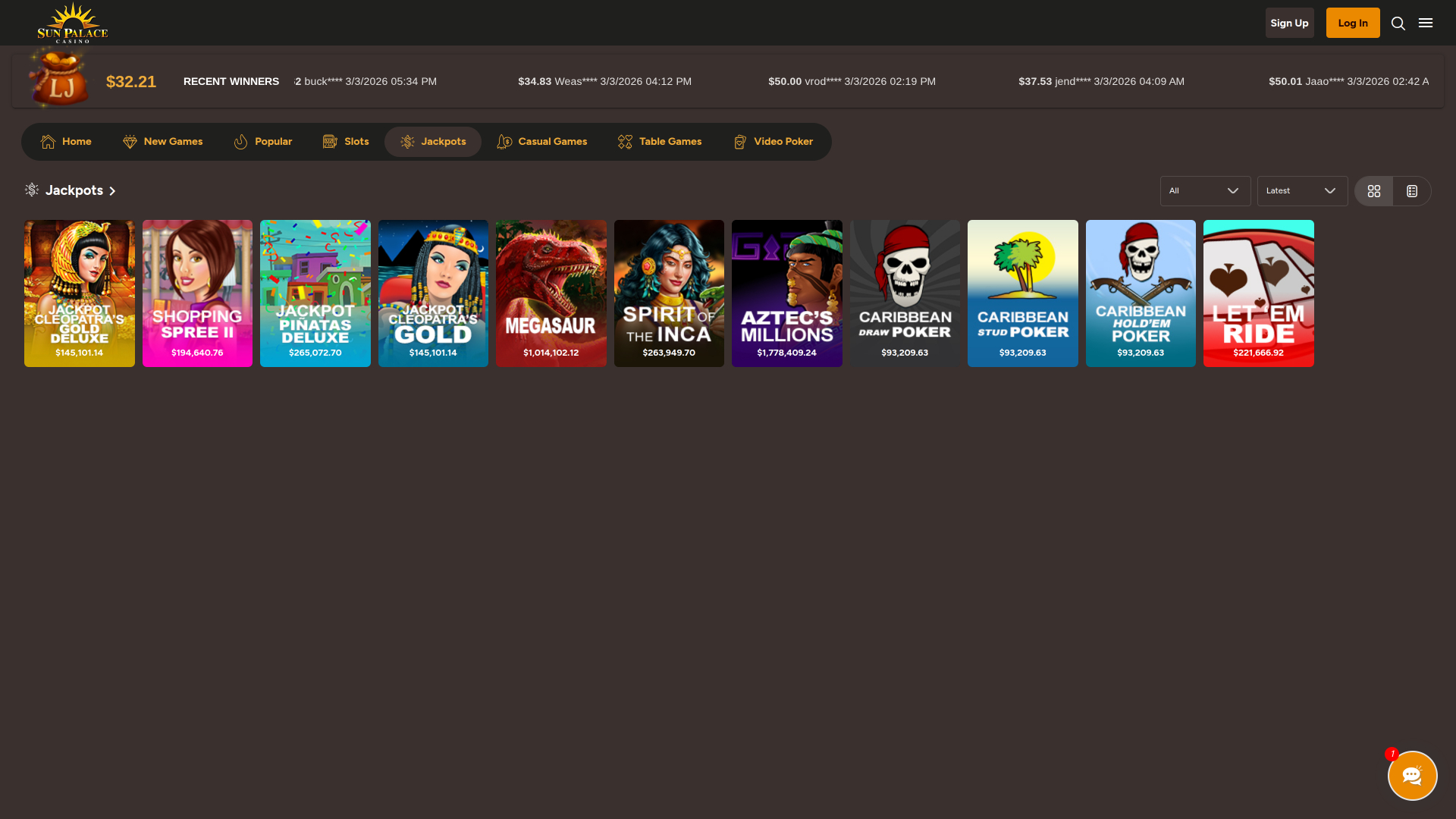 Jackpot de bureau du casino Sun Palace