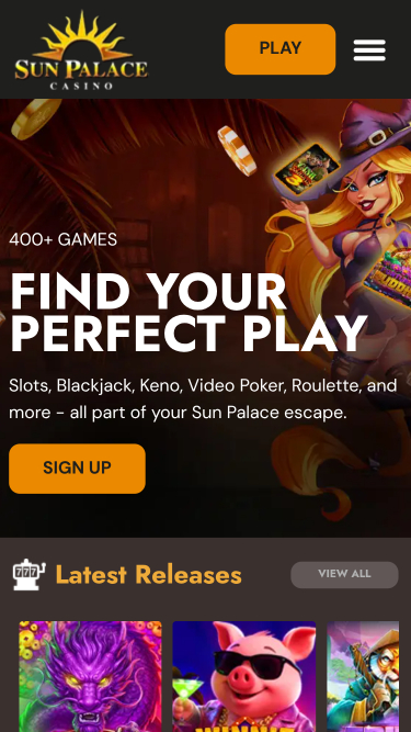 Page d'accueil mobile du casino Sun Palace