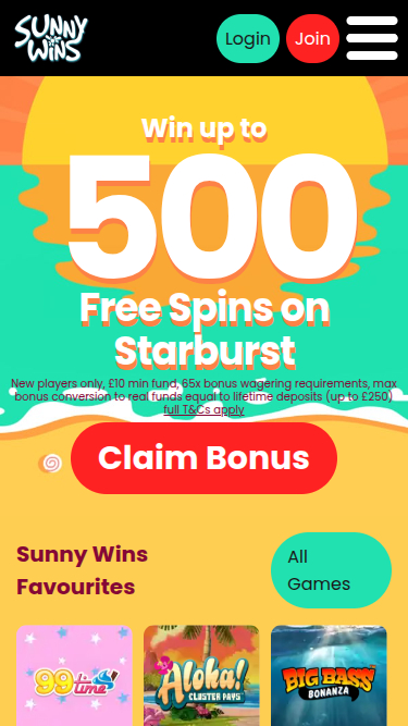 Мобильная главная страница Sunny Wins