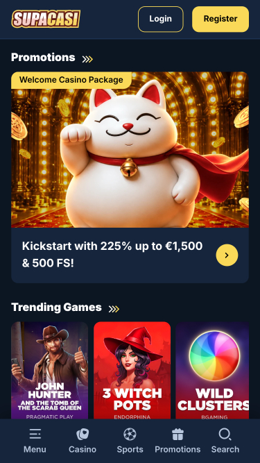 Pagina iniziale mobile del Casinò Supacasi