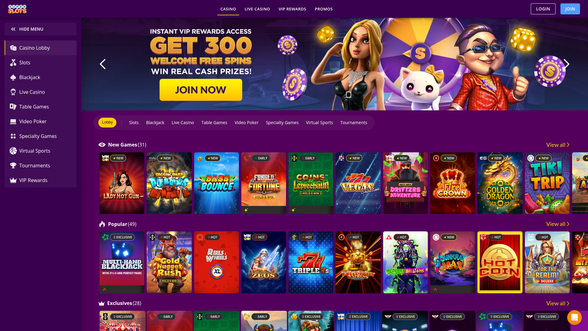 Página de inicio de escritorio de Super Slots Casino