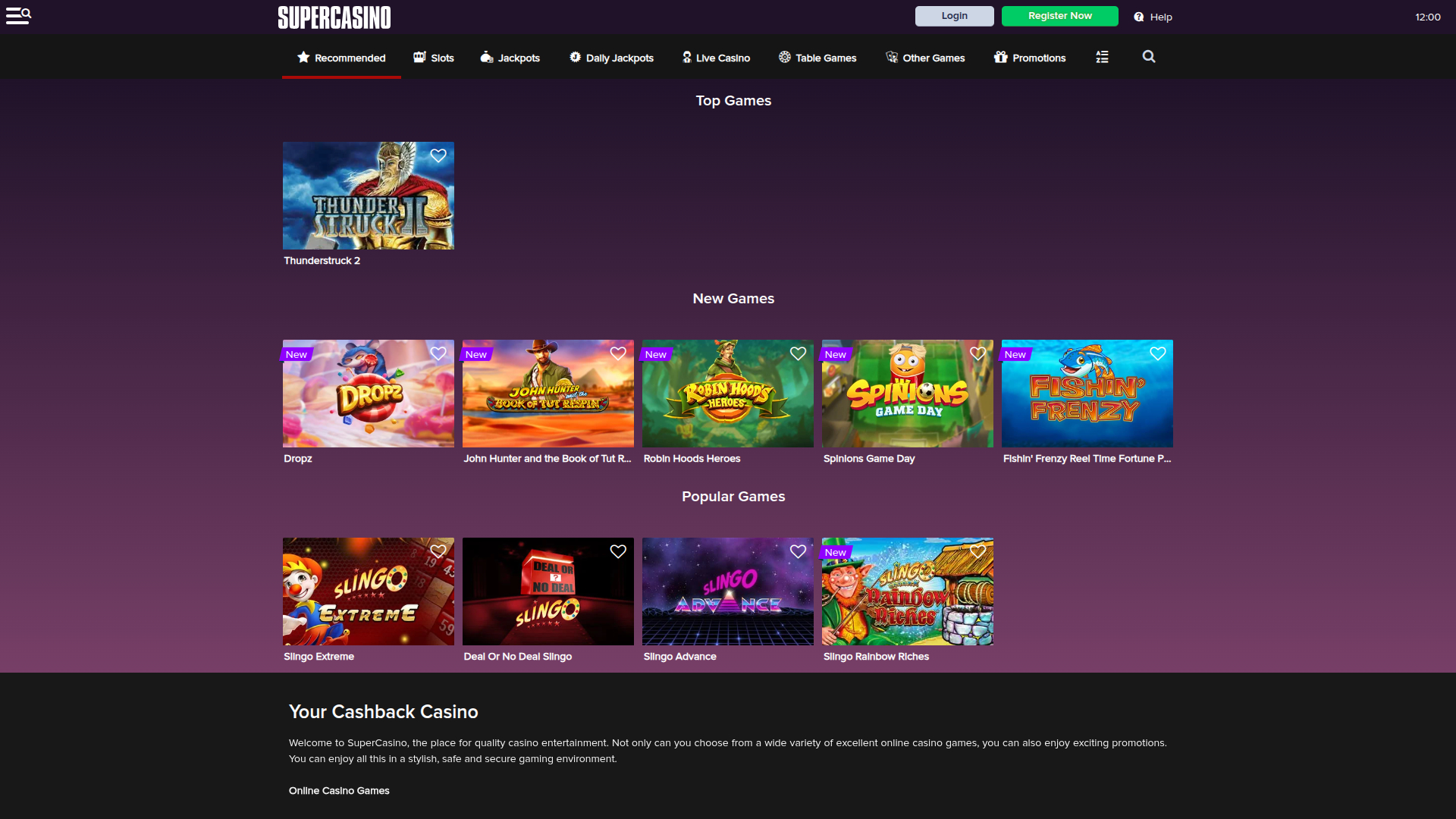 Homepage desktop di SuperCasino