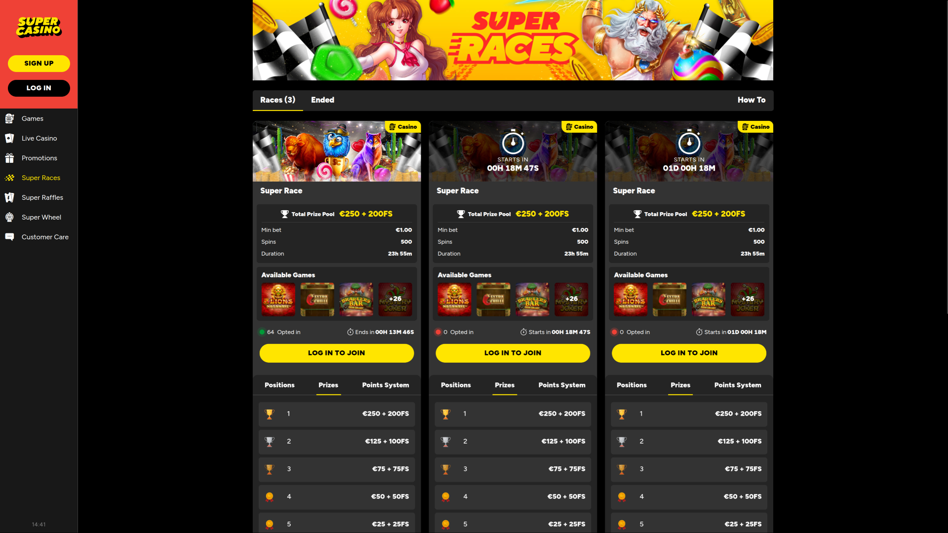 SuperCasino Desktop Super Races Tournaments