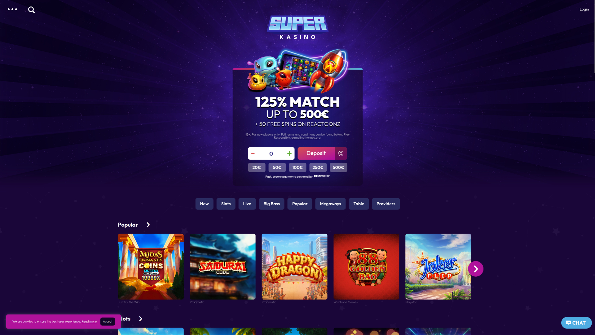 Page d'accueil du casino Superkasino pour ordinateur