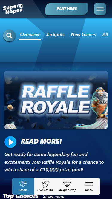Page d'accueil mobile de SuperNopea Casino