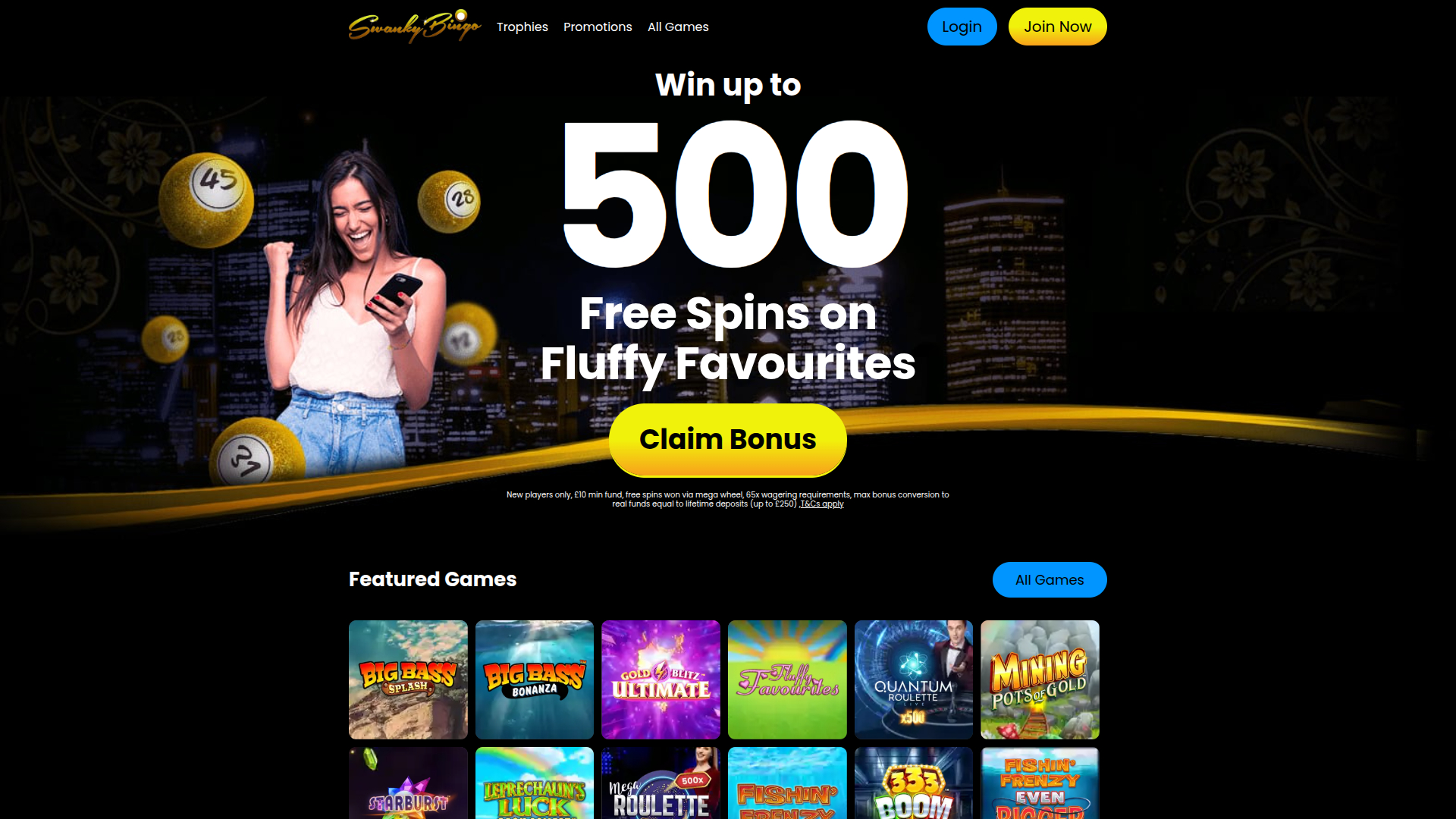 Página principal de escritorio de Swanky Bingo