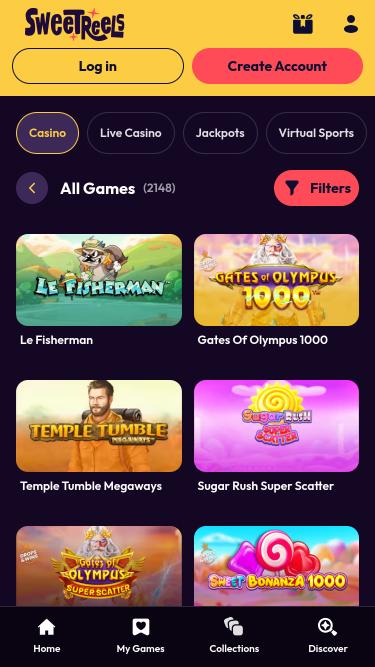 Página móvil de los juegos de SweetReels Casino