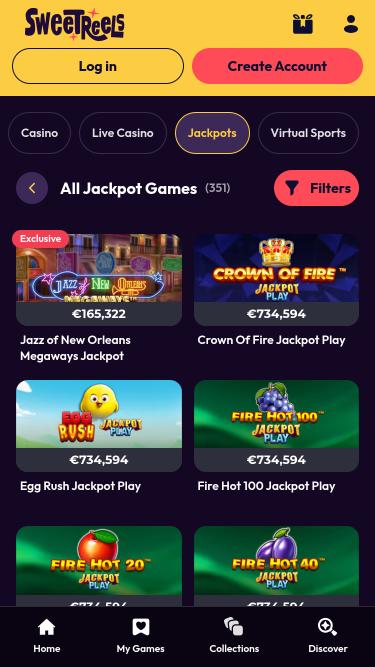 Página móvil del jackpot del casino SweetReels