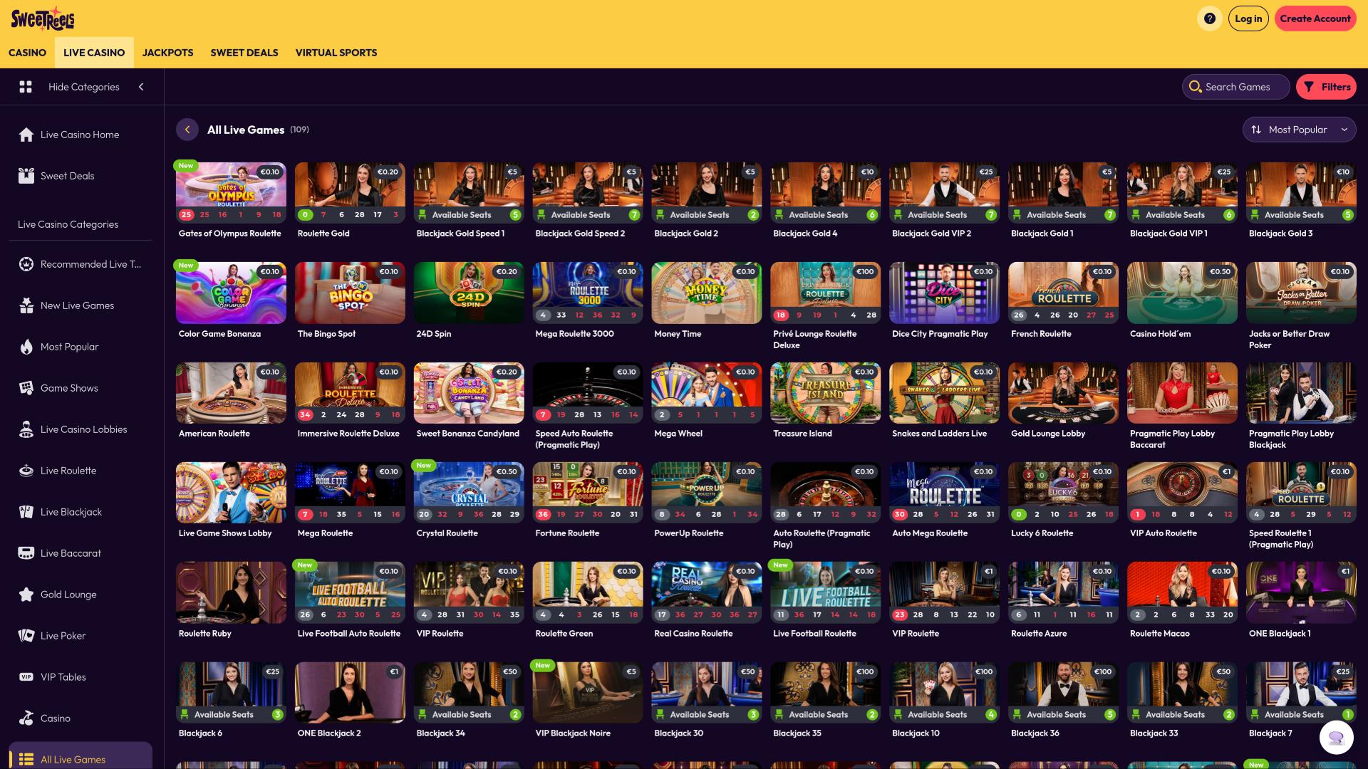 Página de crupier en vivo de SweetReels Casino