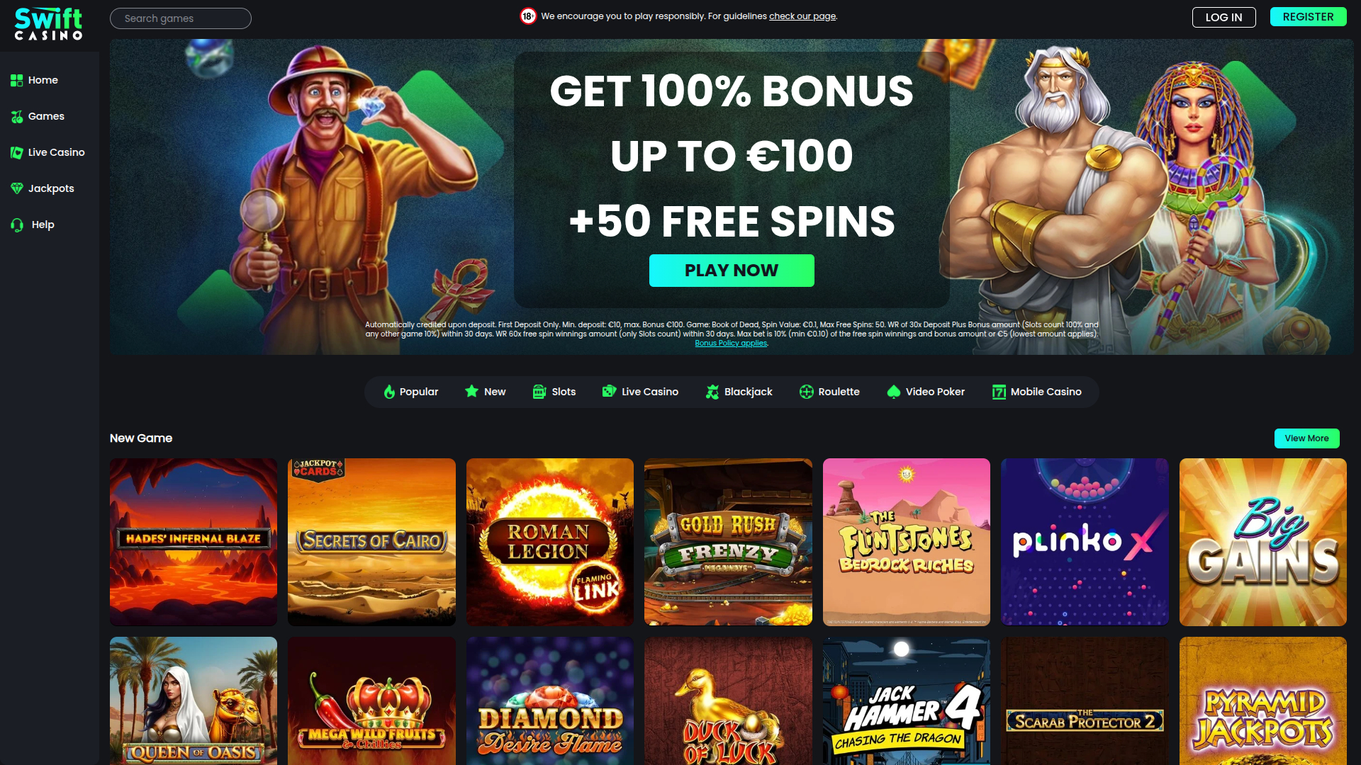 Page d'accueil de bureau de Swift Casino