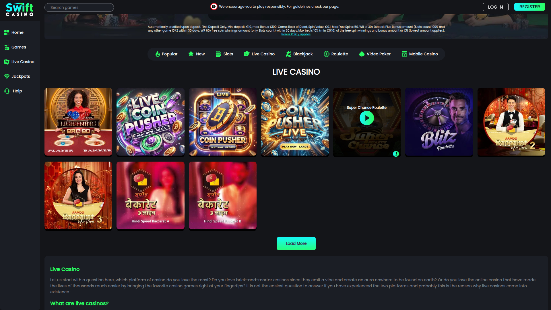 Croupier en direct sur bureau de Swift Casino