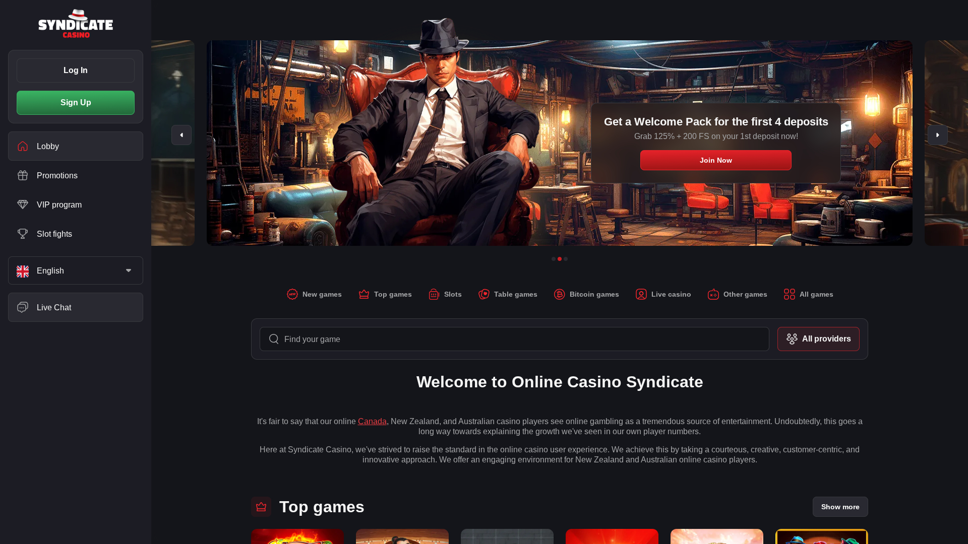 Page d'accueil sur ordinateur de Syndicate Casino