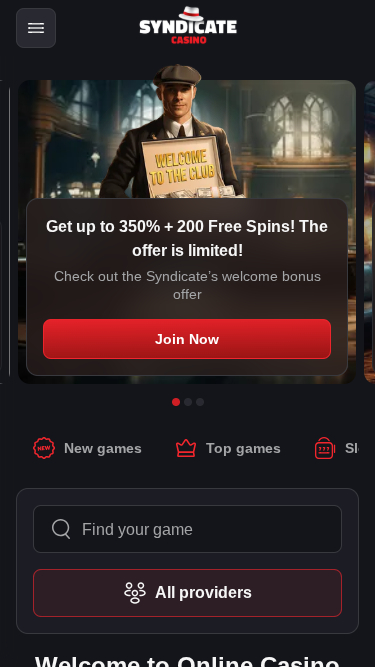Page d'accueil mobile de Syndicate Casino