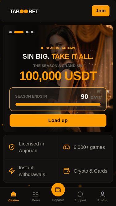 TabooBet Casino Mobile Homepage