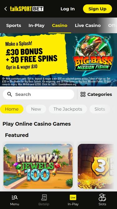 talkSPORT BET Casino mobile homepage
